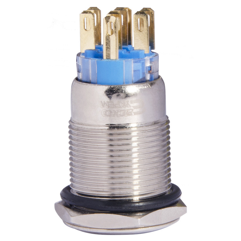 Кнопка металлическая плоская 2NO+2NC 19мм с подсветкой зеленый LED 220V с фиксацией [A0140010122] TYJ 19-372 АСКО
