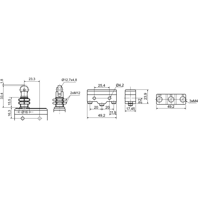 Микропереключатель 1NO+1NC 15А 250V IP20 параллельный металлический ролик [A0050040001] Z-15GQ22-B АСКО