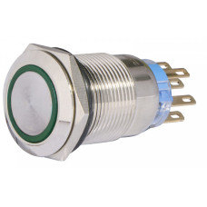 Кнопка металлическая плоская 2NO+2NC 19мм с подсветкой зеленый LED 220V с фиксацией [A0140010122] TYJ 19-372 АСКО