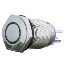 Кнопка металлическая плоская 1NO+1NC 16мм с подсветкой зеленый LED 220V с фиксацией [A0140010099] TYJ 16-361 АСКО