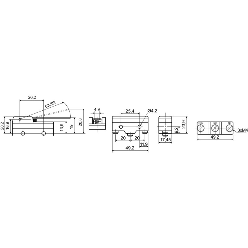 Микропереключатель 1NO+1NC 15А 250V IP20 середня планка [A0050040004] Z-15GW-B АСКО