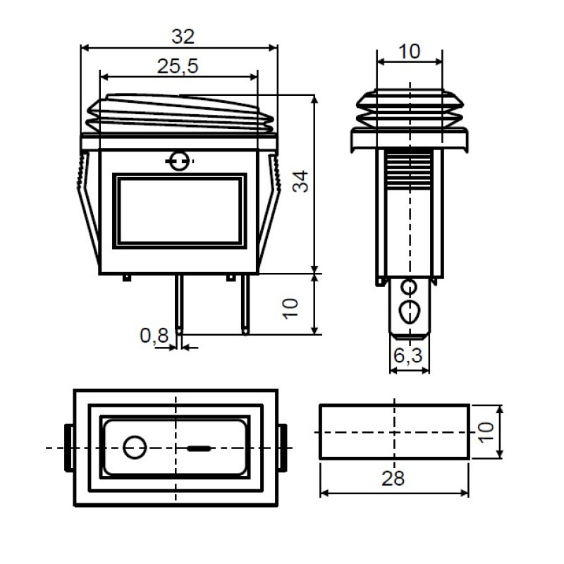 Переключатель 1 клавиша 1NO 28мм с подсветкой красный неон 220V IP54 [A0140040033] KCD3-101W R/B АСКО