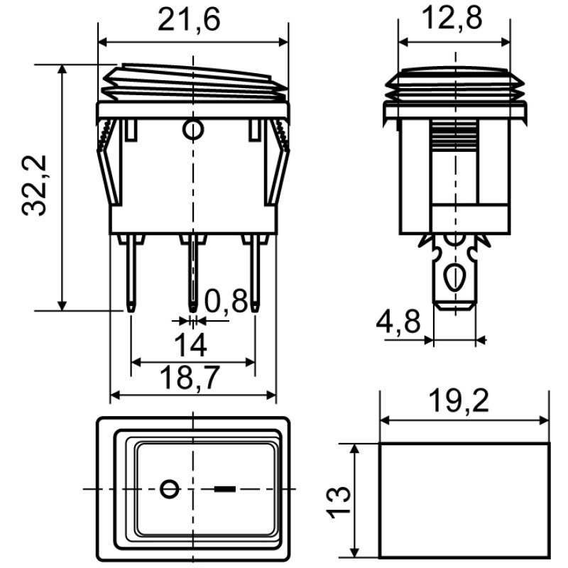 Переключатель 1 клавиша 1NO 19.2мм с подсветкой красный неон 220V IP65 [A0140040060] KCD1-2-101NW R/B АСКО