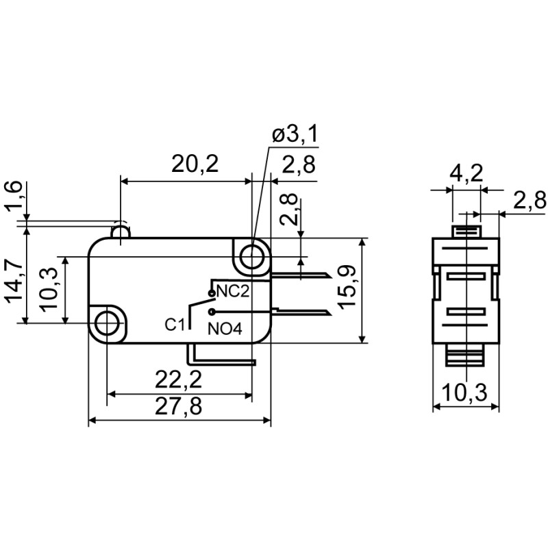 Микропереключатель 1NO+1NC 15А 250V IP20 Pin-шток [A0050040022] V-15-1B5 АСКО