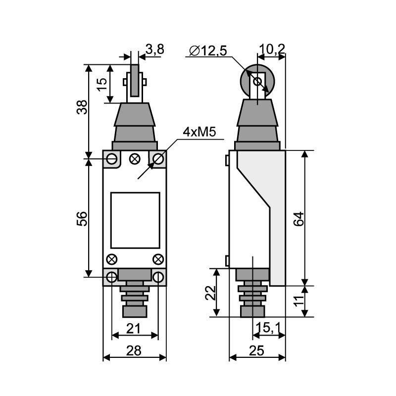 Выключатель концевой 1NO+1NC 5A 220V шток с перпендикулярным металлическим роликом [A0050030009] МЕ 8122 АСКО