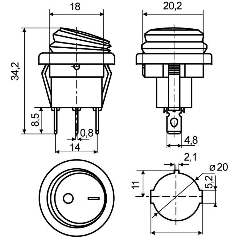 Переключатель круглый 1 клавиша 1NO 20мм с подсветкой синий неон 220V IP65 [A0140040077] KCD1-8-101NW BL/B АСКО