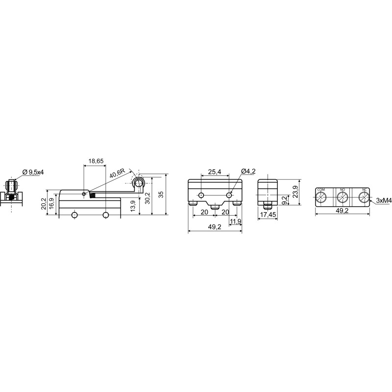 Микропереключатель 1NO+1NC 15А 250V IP20 пластмассовый ролик на длинной планке [A0050040006] Z-15GW2-B АСКО