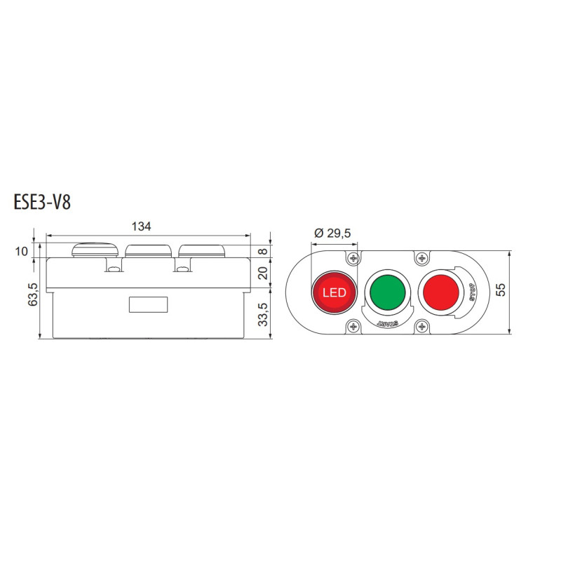 Пост двухместный "Старт-Стоп-Сигнал" 230V 1NO+1NC IP65 красный индикатор [4771446] ESE3-V8 ETI