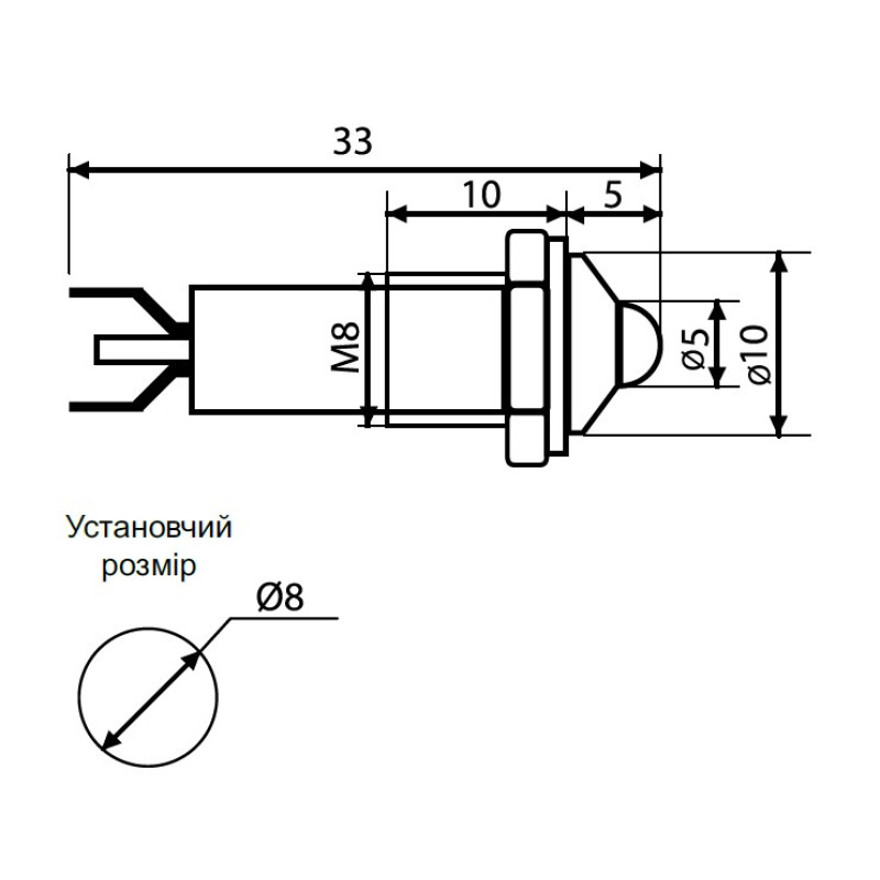 Лампа сигнальная 8мм желтый LED 220V AC металл [A0140030087] AD22B-8 АСКО