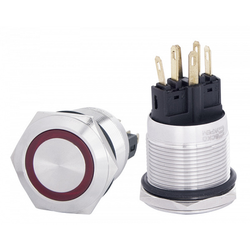 Кнопка металлическая плоская 1NO+1NC 22мм с подсветкой красный LED 220V [A0140010133] TYJ 22-271 АСКО