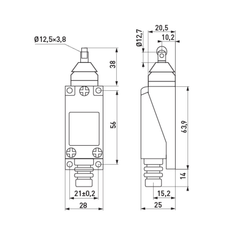 Вимикач кінцевий 1NO+1NC 5A 230V шток з вертикальним роликом [s0070010] e.limitswitch.06 E.NEXT