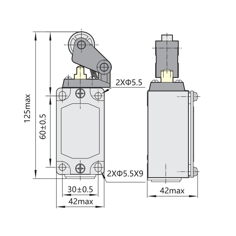 Выключатель концевой 1NO+1NC 10A 220V реверсивный ролик с угловым действием [437089] YBLX-P1/120/1E CHINT