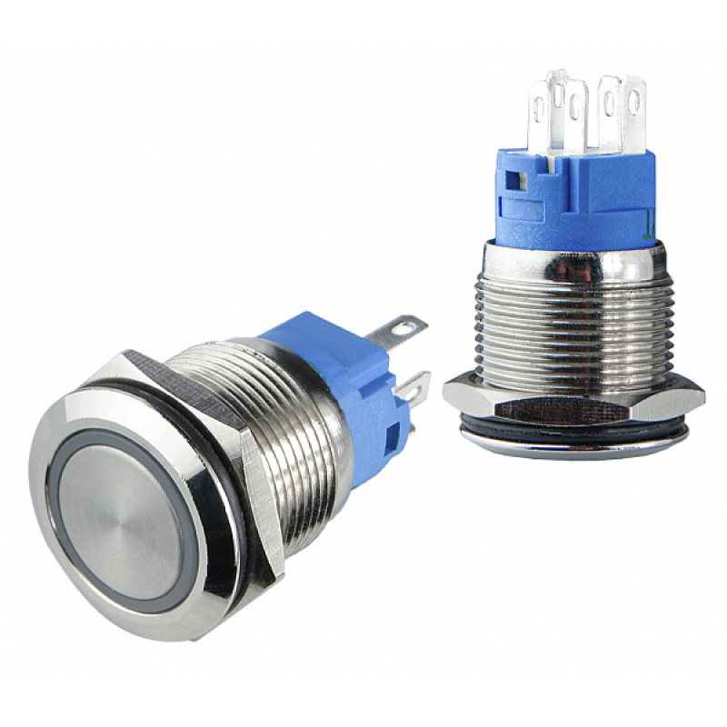 Кнопка металева пласка 1NO+1NC 19мм з підсвічуванням зелений LED 220V з фіксацією [A0140010119] TYJ 19-371 АСКО