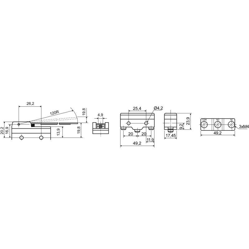 Микропереключатель 1NO+1NC 15А 250V IP20 длинная планка [A0050040003] Z-15HW24-B АСКО