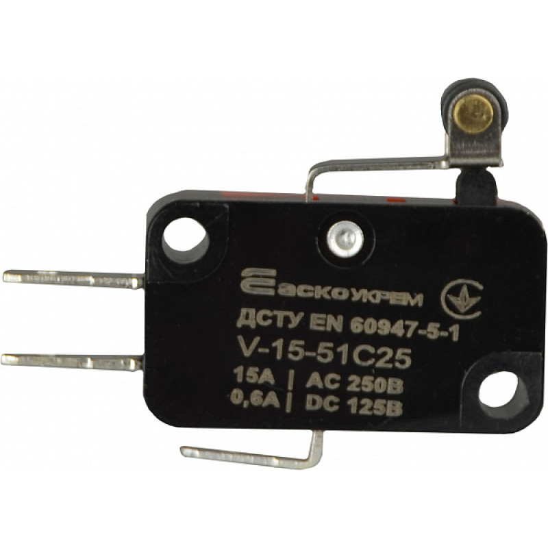 Микропереключатель 1NO+1NC 15А 250V IP20 пластмассовый ролик на короткой планке [A0050040019] V-15-51C25 АСКО