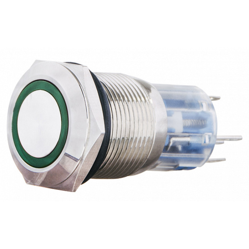 Кнопка металлическая плоская 1NO+1NC 19мм с подсветкой зеленый LED 24V [A0140010138] TYJ 19-271 АСКО