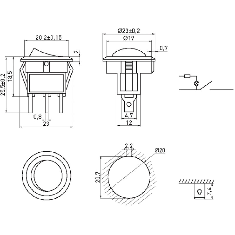 Переключатель 1 клавиша 1NO 23мм с подсветкой красный неон 220V [s2040001] e.switch.key.01 E.NEXT
