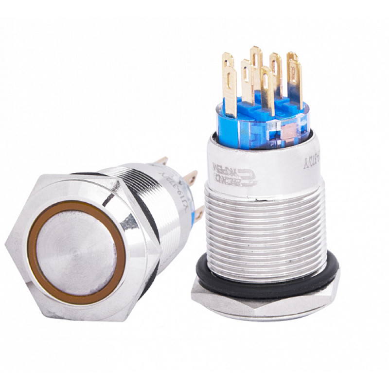 Кнопка металлическая плоская 2NO+2NC 19мм с подсветкой желтый LED 220V с фиксацией [A0140010121] TYJ 19-372 АСКО
