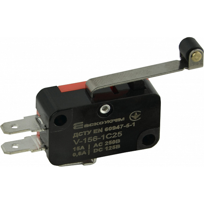 Мікроперемикач 1NO+1NC 15А 250V IP20 пластмасовий ролик на довгій планці [A0050040020] V-15-61C25 АСКО