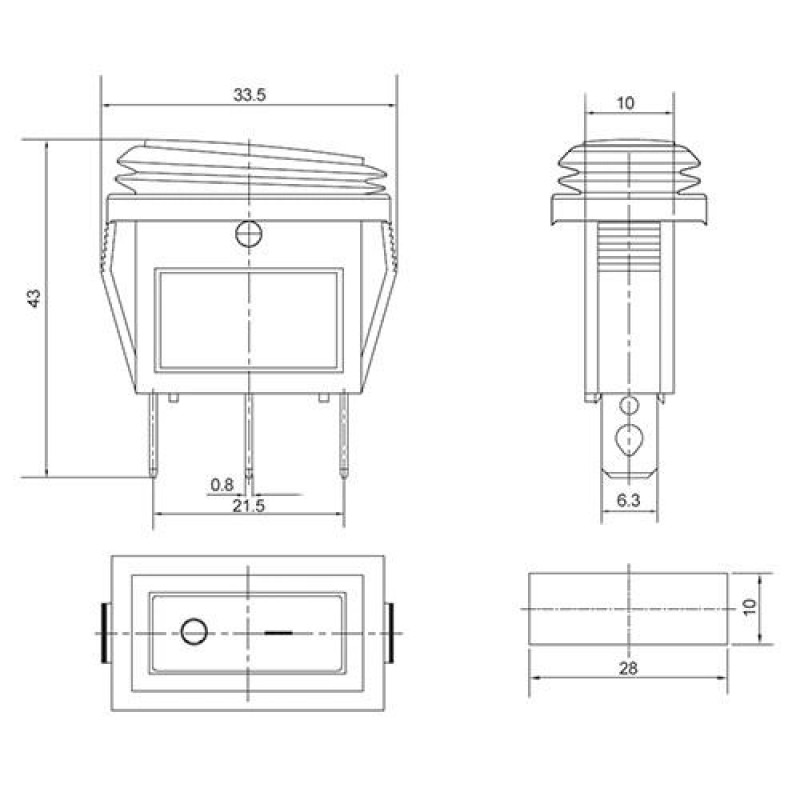 Переключатель 1 клавиша 1NO 28мм с подсветкой синий неон 220V IP54 [A0140040038] KCD3-101NW BL/B АСКО