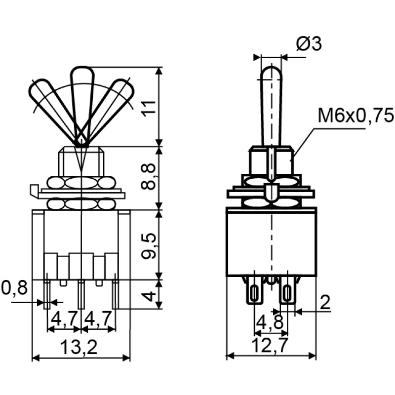 Тумблер "ON-ON" 2CO 3А 250V 2 положения 6 контактов с фиксацией [A0140060017] MTS-202 АСКО