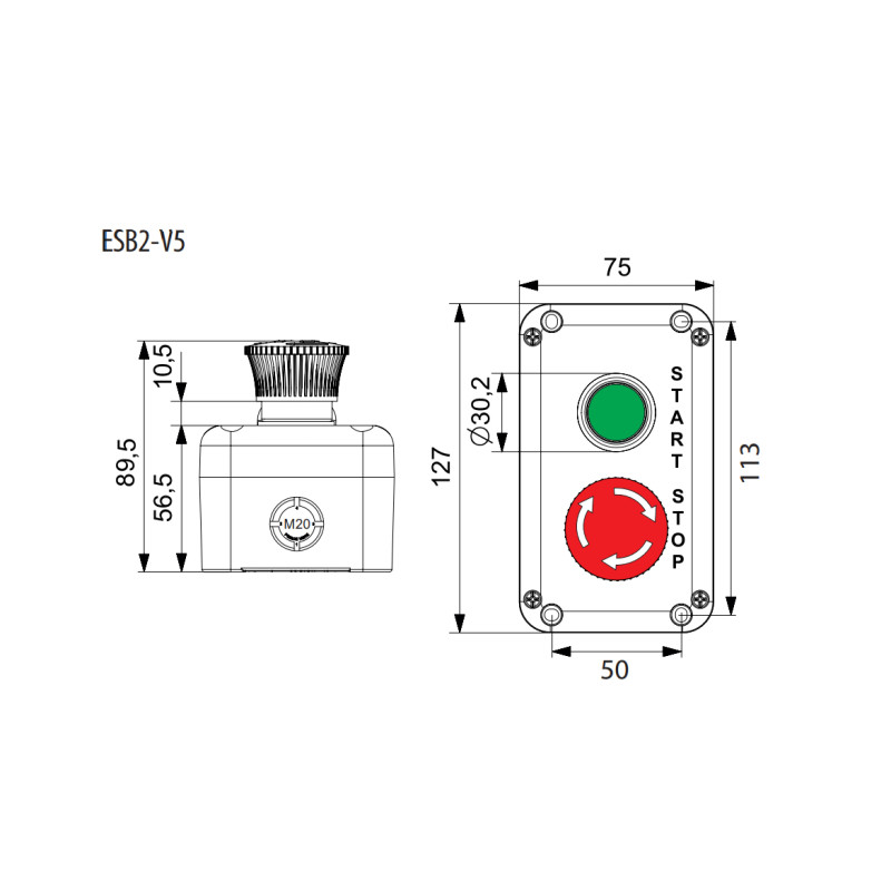 Пост двомісний "Старт-Стоп" 230V 1NO+1NC IP65 грибок [4771627] ESB2-V5 ETI