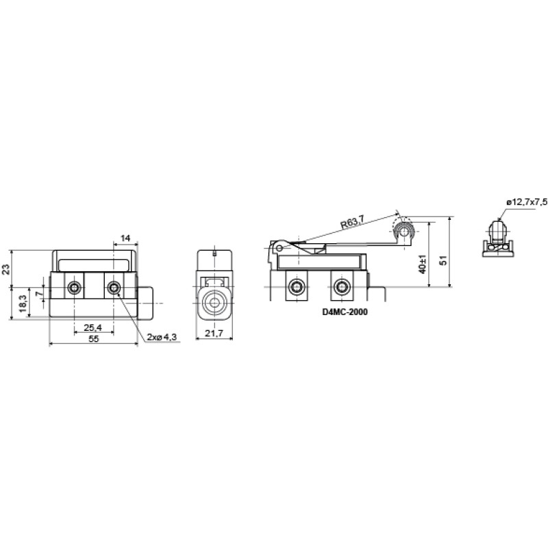 Микропереключатель 1NO+1NC 10А 250V IP54 пластмассовый ролик на длинной планке [A0050040016] D4MC-2000 АСКО