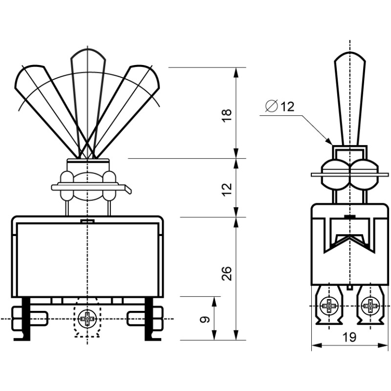 Тумблер "ON-OFF-ON" 4NO 10А 250V 3 положения 6 контактов [A0140060006] 1322 АСКО