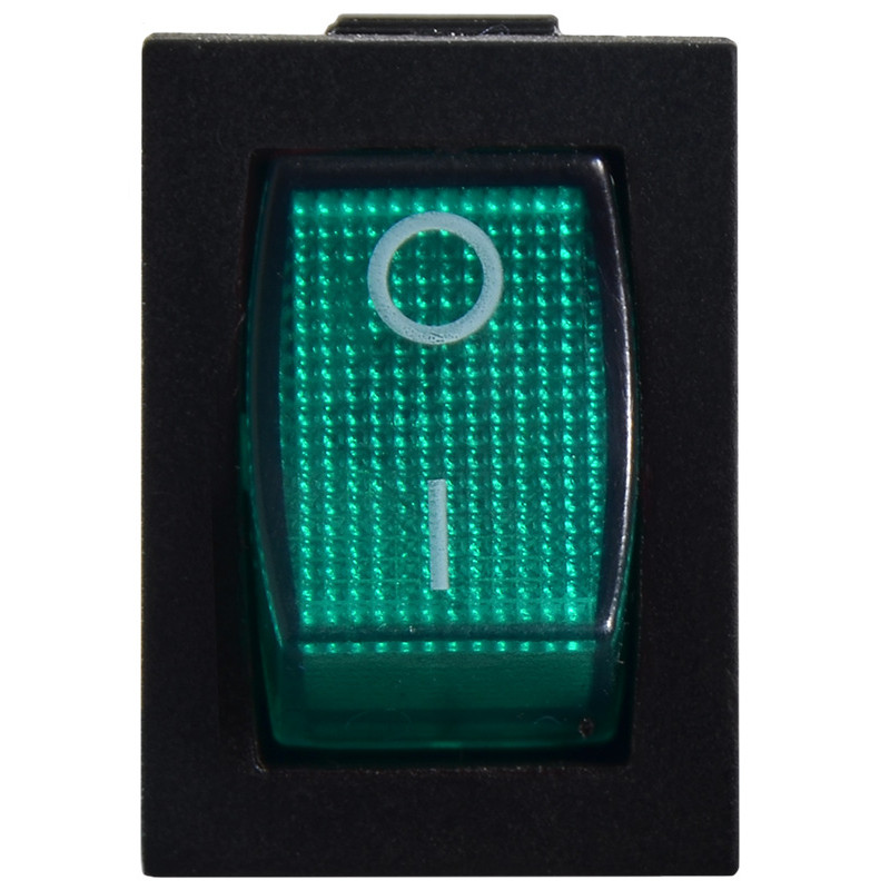 Переключатель 1 клавиша 1NO 19.2мм с подсветкой зеленый неон 220V [A0140040054] KCD1-2-101N GR/B АСКО
