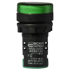 Лампа сигнальная 22мм зеленый LED 12V АC/DC [A0140030162] AD22-22DS АСКО