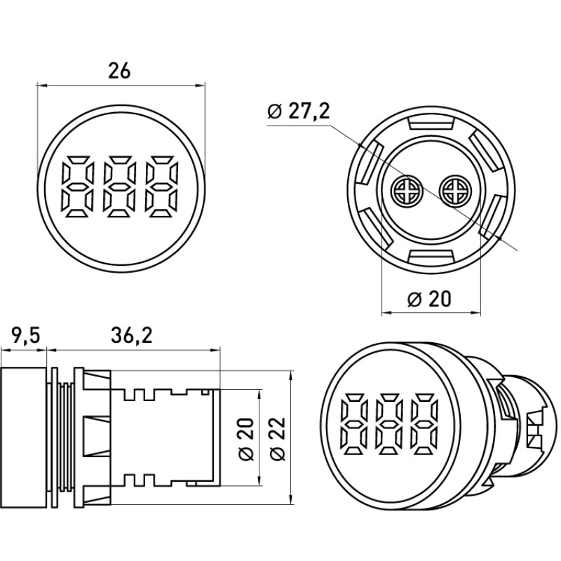Лампа сигнальная с индикатором температуры 22мм зеленый LED 220V AC -25…+199°C [s009040] e.ad22.temp E.NEXT