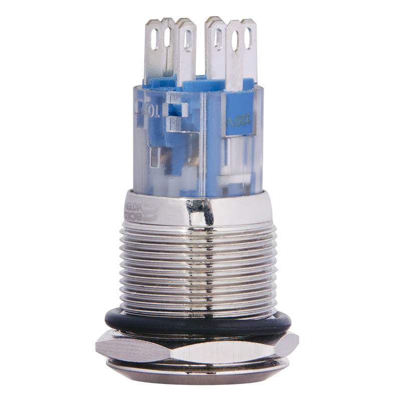 Кнопка металлическая плоская 2NO+2NC 19мм с подсветкой желтый LED 220V [A0140010115] TYJ 19-272 АСКО