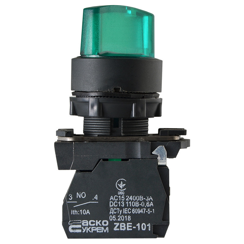 Перемикач "I-O" 1NO+1NC 22мм з підсвічуванням зелений LED 220V 2 положення [A0140010165] TB5-AK123M5 АСКО
