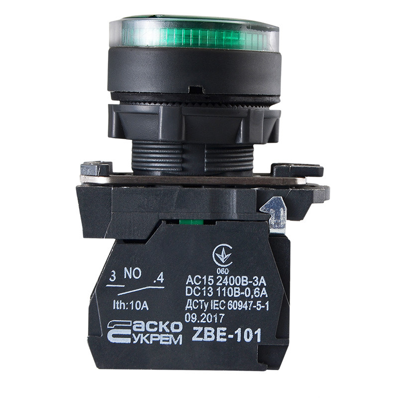Кнопка управления 1NO+1NC 22мм с подсветкой зеленый LED 220V [A0140010173] TB5-AW33M5 АСКО