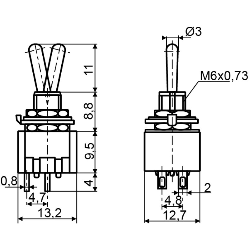 Тумблер "ON-OFF" 2NO 3А 250V 2 положення 4 контакти без фіксації [A0140060016] MTS-211 АСКО