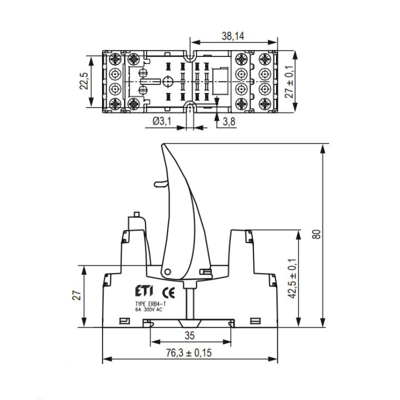 Колодка 12А 8к 300V AC тип Т для промежуточного реле ERM2 [2473012] ERB2-T ETI
