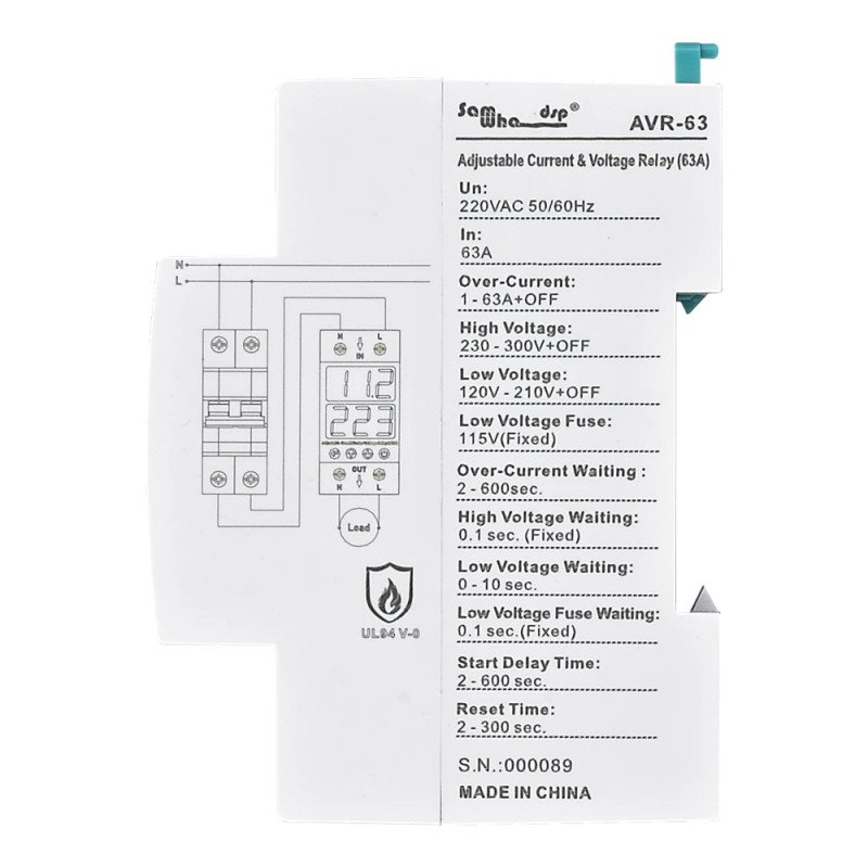 63А однофазное реле контроля напряжения и тока [AVR-63] Samwha