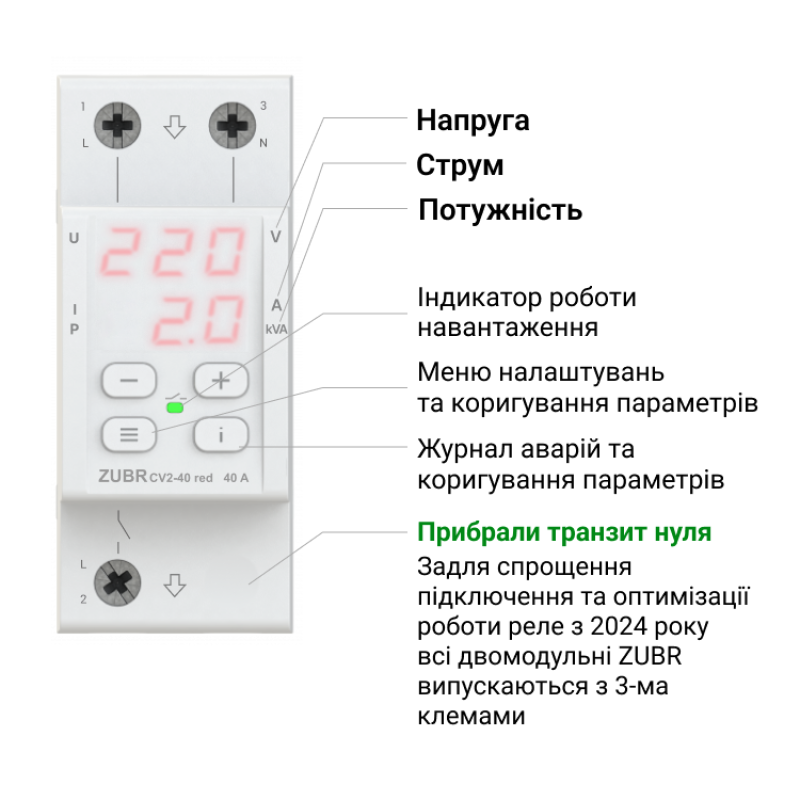 Однофазное реле напряжения 50A (max 60A) 11000BA с контролем тока [4820120222177] CV2-50 red ZUBR
