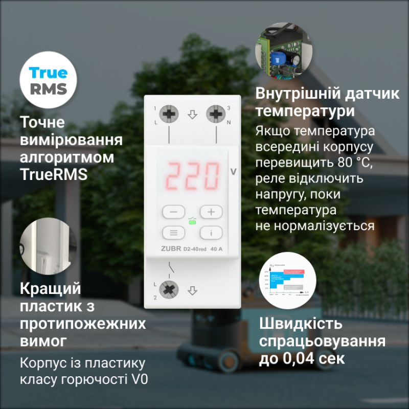 Однофазное реле напряжения 50А (max 60А) 11000ВА c термозащитой [4820120221729] D2-50 red ZUBR