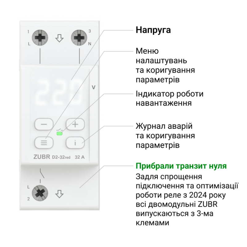 Однофазне реле напруги 32А 7000ВА [4820120222672] ZUBR D2-32