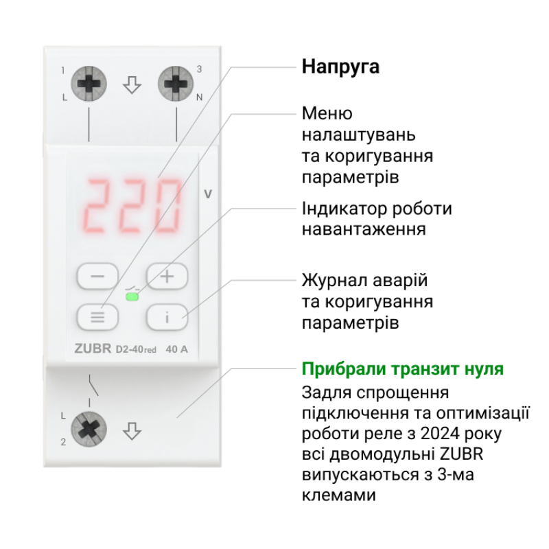 Однофазне реле напруги 32А 7000ВА [4820120222665] ZUBR D2-32 red