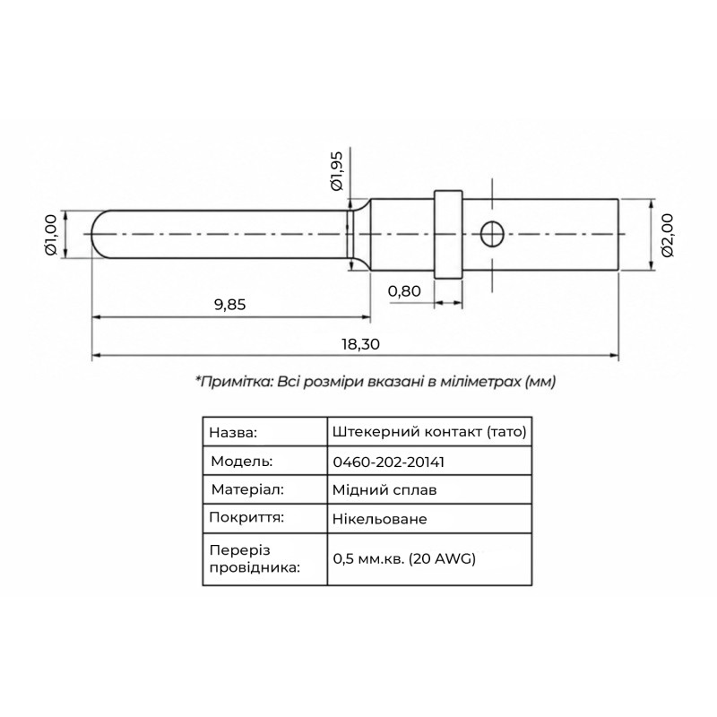 Автомобільний роз'єм штир Deutsch DTM Size 20 (20 шт.) 0,5мм.кв 20AWG нікельований [0460-202-20141] TACTIX