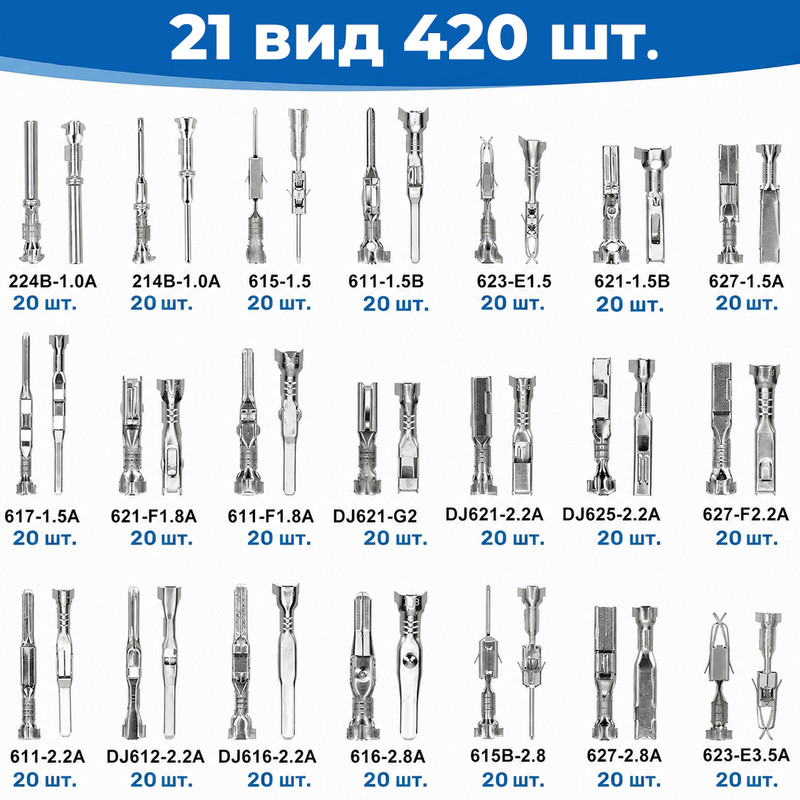 21 вид 420 шт. набір автомобільних конекторів 1/1,5/1,8/2.2/2.8/3.5 мм, знімачі пінів 18 шт. в органайзері [E-AUTO-420] Tactix