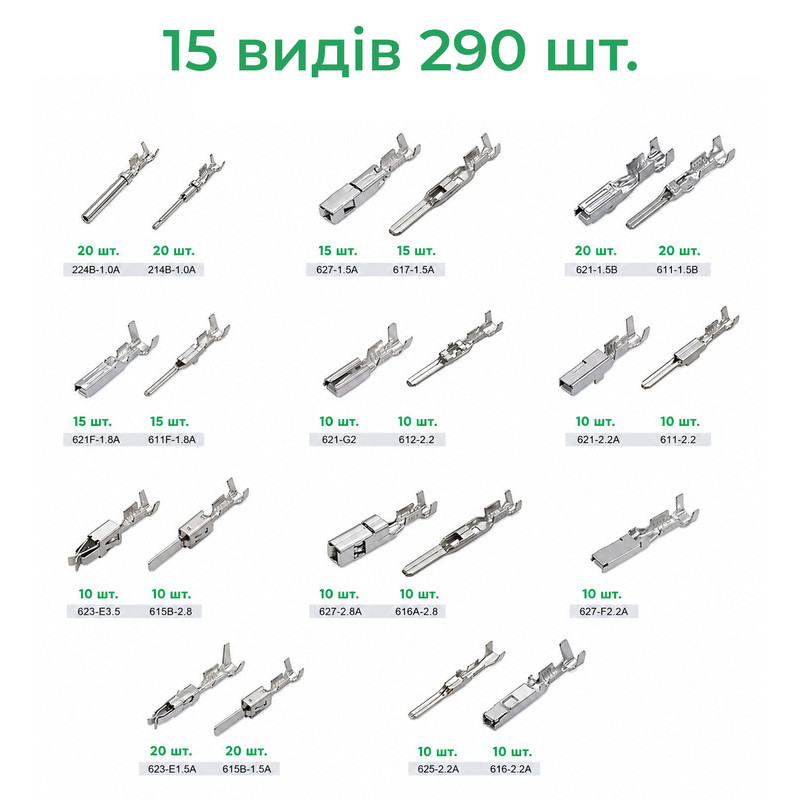 15 видів 290 шт. набір автомобільних конекторів 1/1.5/1.8/2.2/2.8/3.5 мм в органайзері [E-AUTO-290] Tactix