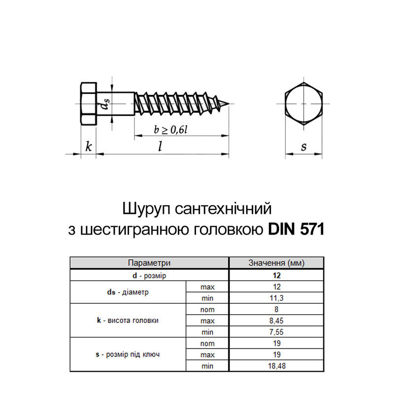 DIN571 12х110 Шуруп для дерева оцинкованный под ключ 19мм шестигранная головка (5 шт.) [206200000206X2A120] Metalvis