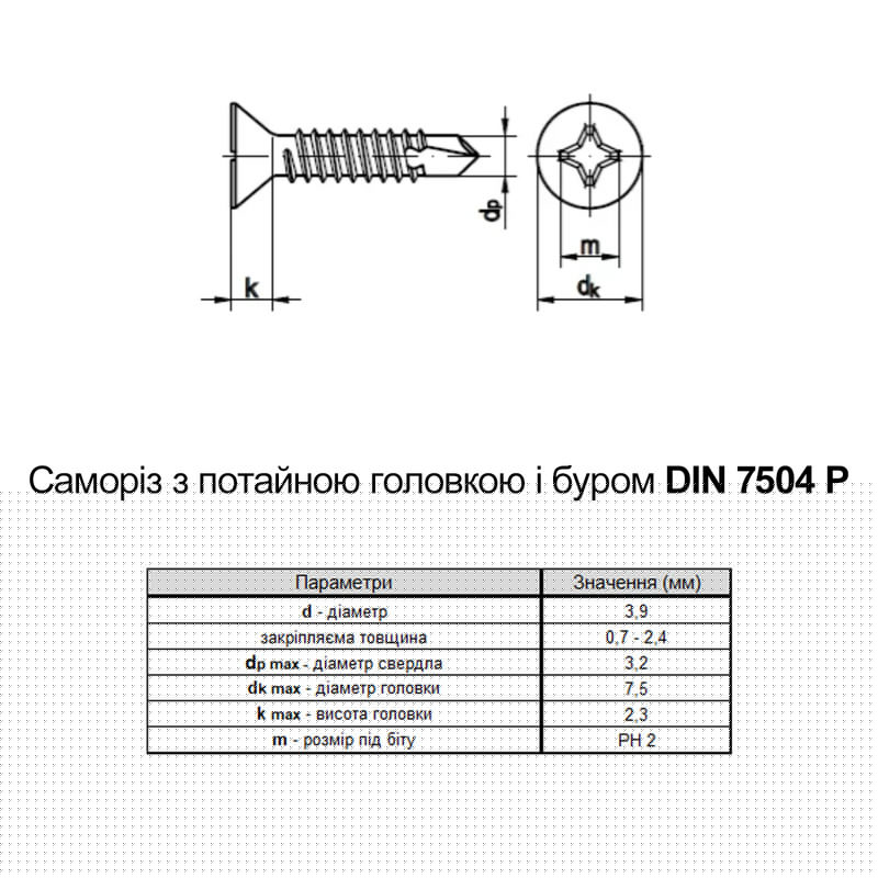 DIN7504P 3,9х25 PH2 Саморез со сверлом для окон TEX-Wr цинк потайная с насечками (10000 шт.) [9T12000009T139252N] Metalvis