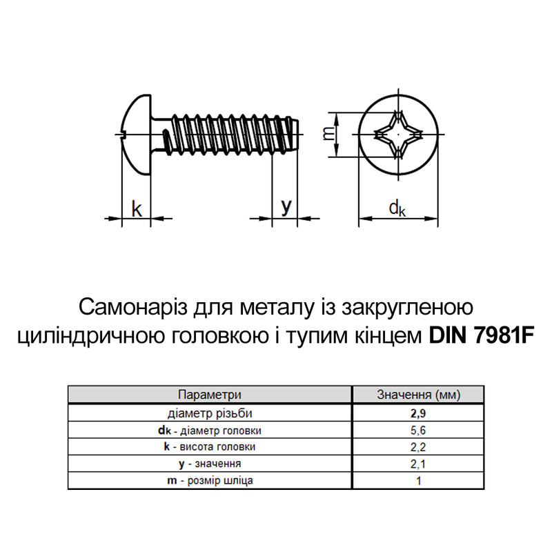 DIN7981F 2,9х9,5 PH1 Саморез тупой конец цинк белый полная резьба полукруглая головка (1000 шт.) [80520000080529092F] Metalvis