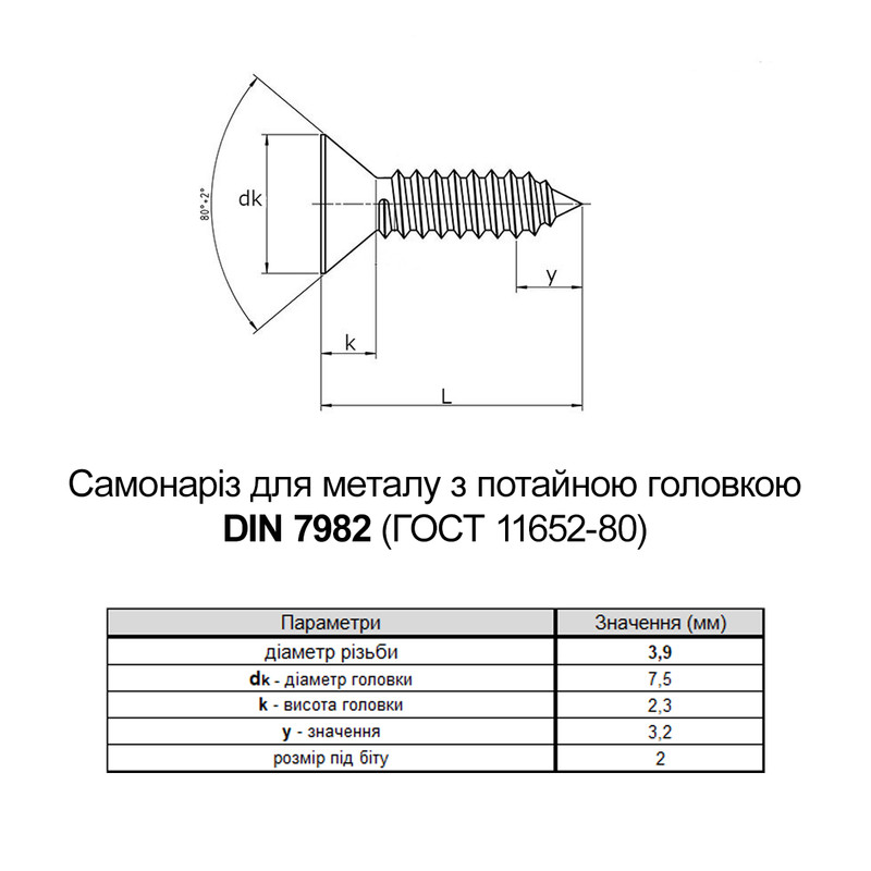 DIN7982 3,9х38 PH2 Саморіз нержавіюча сталь повна різьба потайна головка [N8010000N801393800] Metalvis