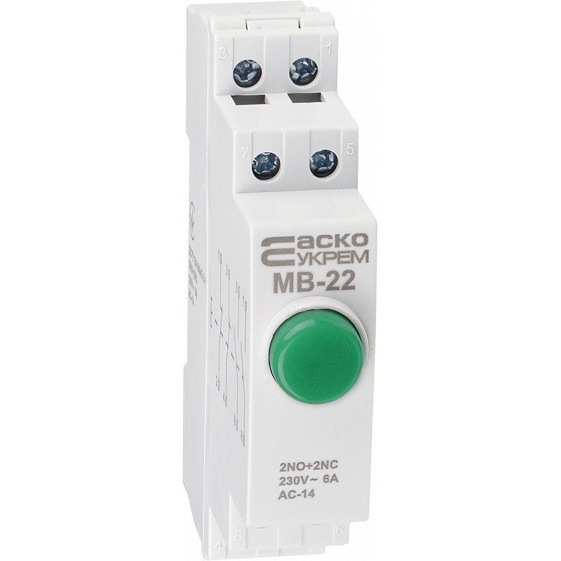 Кнопка на DIN-рейку 2NO+2NC без фиксации 230V АС зеленая [A0150010110] МВ-22 АСКО