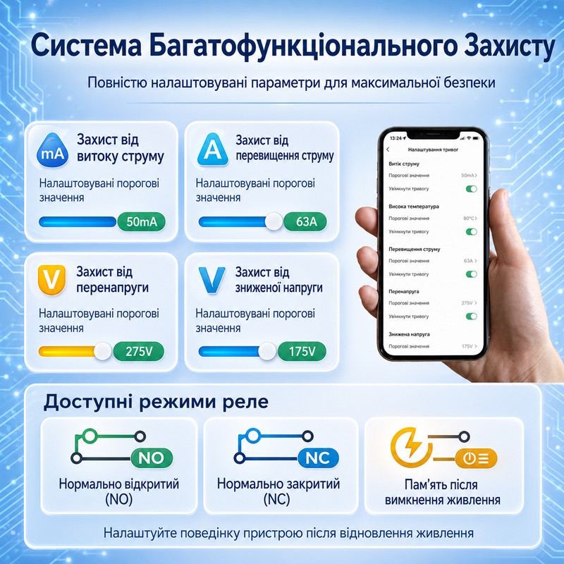 WiFi умное-реле с полной защитой, счетчиками, таймером 1P+N 63A 230V Smart Life, Tuya [WTDZW-63] RMshebei
